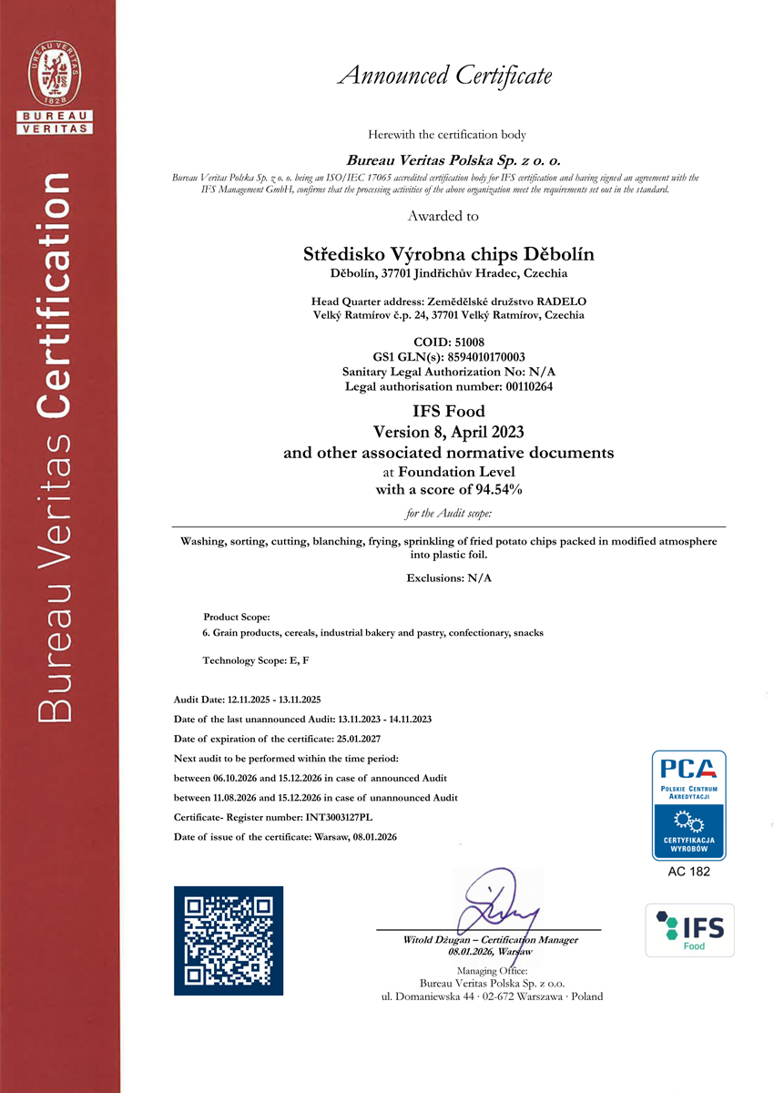 Výrobní certifikát IFS platný do 25.01.2027