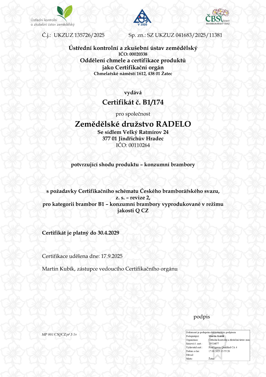 Konzumní brambory. Certifikát č. B1-001