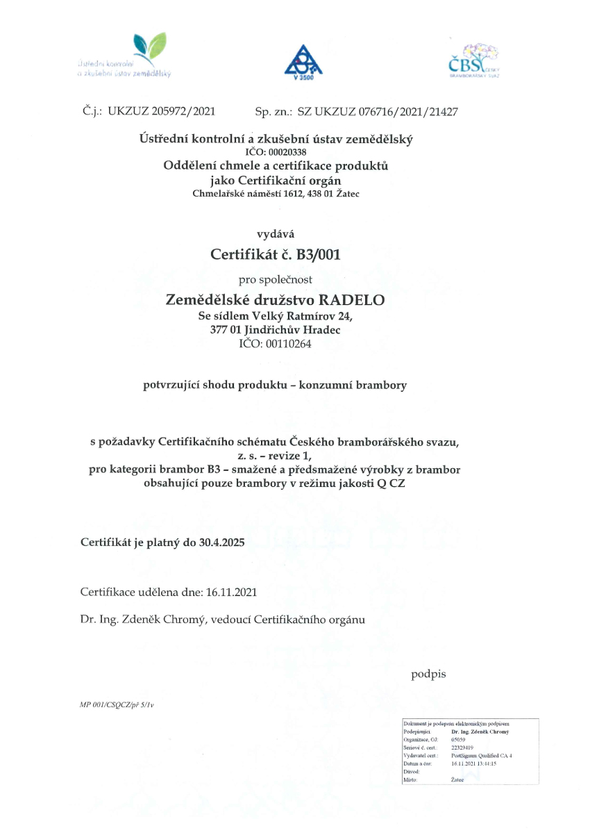 Konzumní brambory. Certifikát č. B3-001