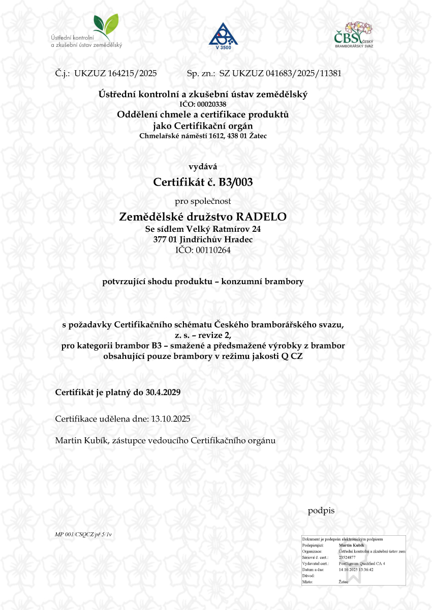 Konzumní brambory. Certifikát č. B3-003